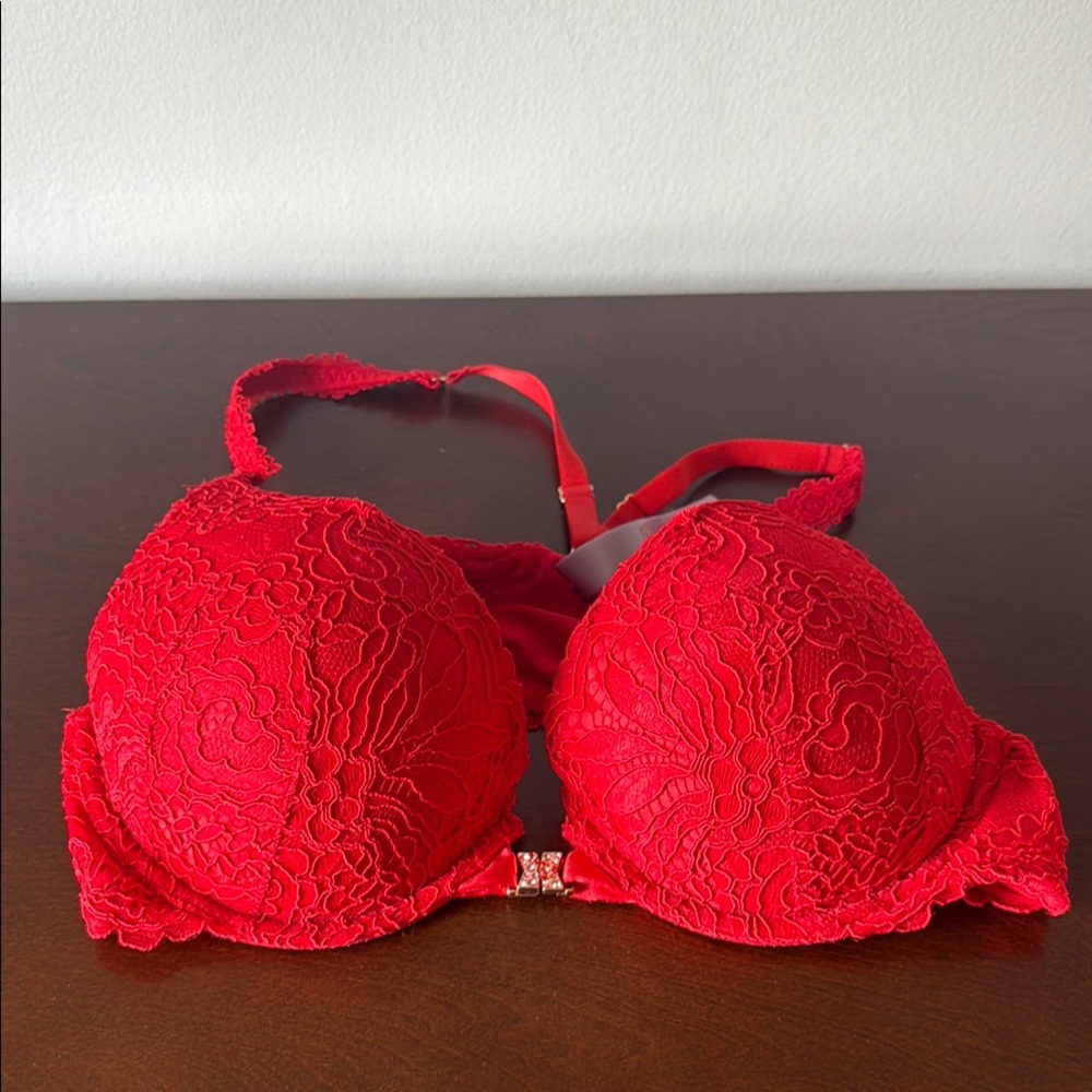 Savage X Fenty Romantic Corded Lace Push Up Bra Front Closure 38B Vibrant Red